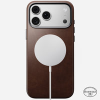 Angled view of the rustic brown Horween Nomad Traditional case on iPhone 18 Pro Max