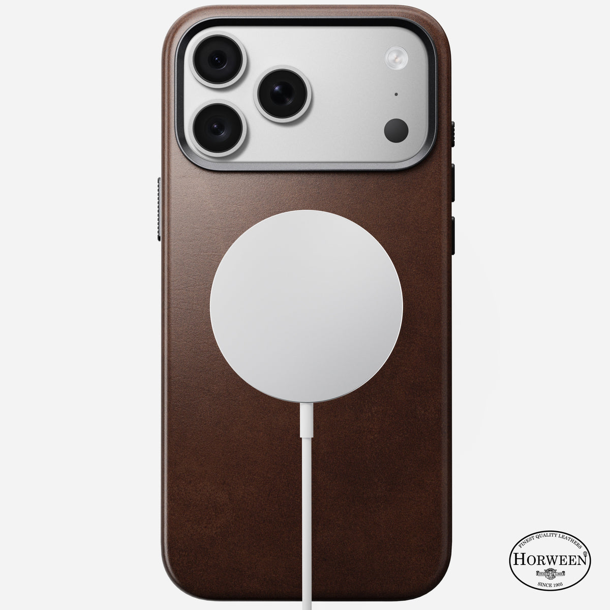 Angled view of the rustic brown Horween Nomad Traditional case on iPhone 18 Pro Max