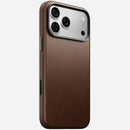 Nomad Traditional Camino leather case in brown on iPhone 18 Pro Max, rear view