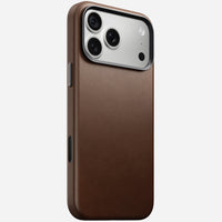 Nomad Traditional Camino leather case in brown on iPhone 18 Pro Max, rear view