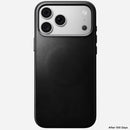Close detail of the Horween leather grain and stitching on the Nomad iPhone 18 Pro Max case