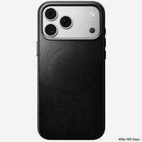Close detail of the Horween leather grain and stitching on the Nomad iPhone 18 Pro Max case