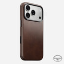Nomad Traditional Horween leather case in rustic brown on iPhone 18 Pro, rear view