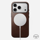 Angled view of the rustic brown Horween Nomad Traditional case on iPhone 18 Pro