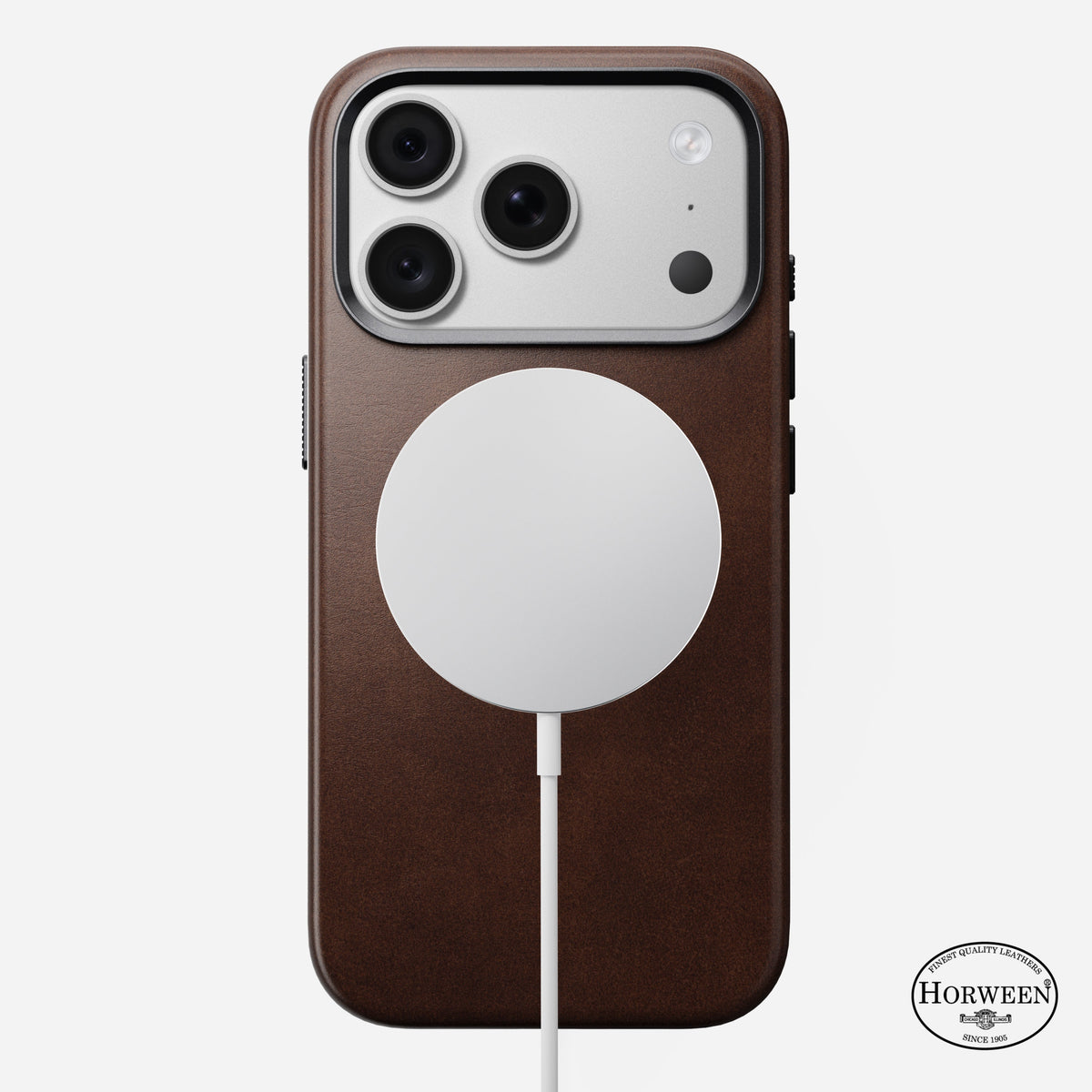 Angled view of the rustic brown Horween Nomad Traditional case on iPhone 18 Pro