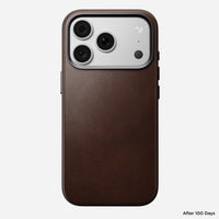 Side profile of the Nomad Traditional case for iPhone 18 Pro showing slim leather edge