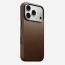 Nomad Traditional Camino leather case in brown on iPhone 18 Pro, rear view