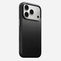 Nomad Traditional Camino leather case in black on iPhone 18 Pro, rear view