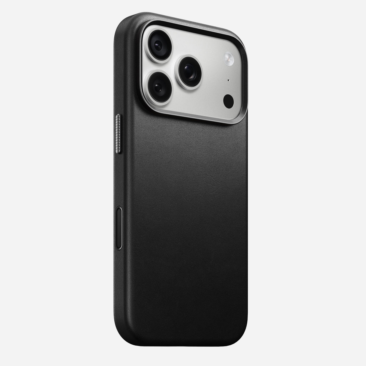 Nomad Traditional Camino leather case in black on iPhone 18 Pro, rear view