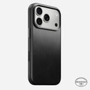 Nomad Traditional Horween leather case in black on iPhone 18 Pro, rear view showing full-wrap leather and camera ring
