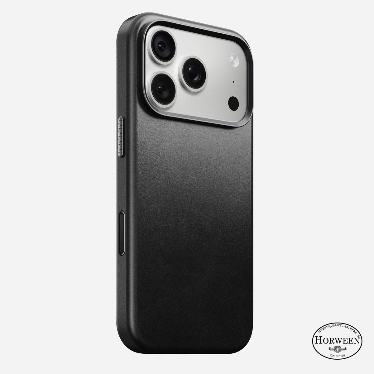 Nomad Traditional Horween leather case in black on iPhone 18 Pro, rear view showing full-wrap leather and camera ring