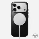Angled view of the black Horween leather Nomad case on iPhone 18 Pro showing anodised aluminium side buttons
