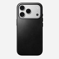 Nomad Traditional case for iPhone 18 Pro viewed from the side, showing slim leather profile and raised screen lip