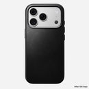 Close detail of the Horween leather grain and stitching on the Nomad iPhone 18 Pro case