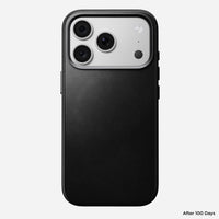 Close detail of the Horween leather grain and stitching on the Nomad iPhone 18 Pro case