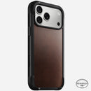 Nomad Rugged Horween leather case in rustic brown on iPhone 18 Pro Max, rear view
