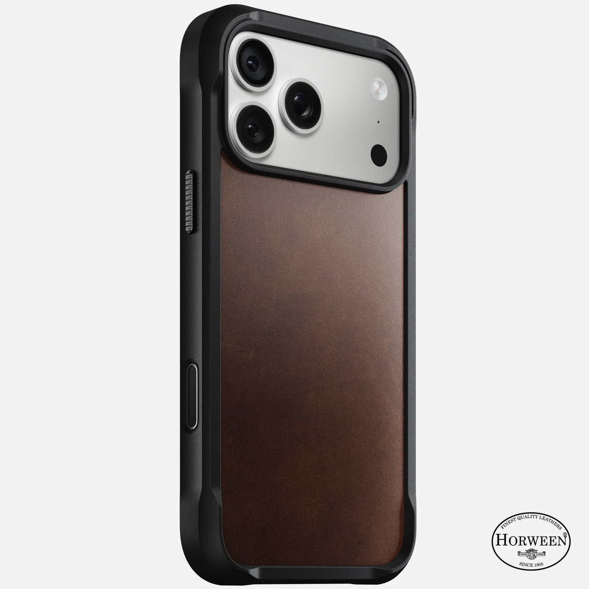 Nomad Rugged Horween leather case in rustic brown on iPhone 18 Pro Max, rear view