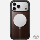 Angled view of the rustic brown Horween Nomad Rugged case on iPhone 18 Pro Max