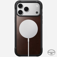 Angled view of the rustic brown Horween Nomad Rugged case on iPhone 18 Pro Max