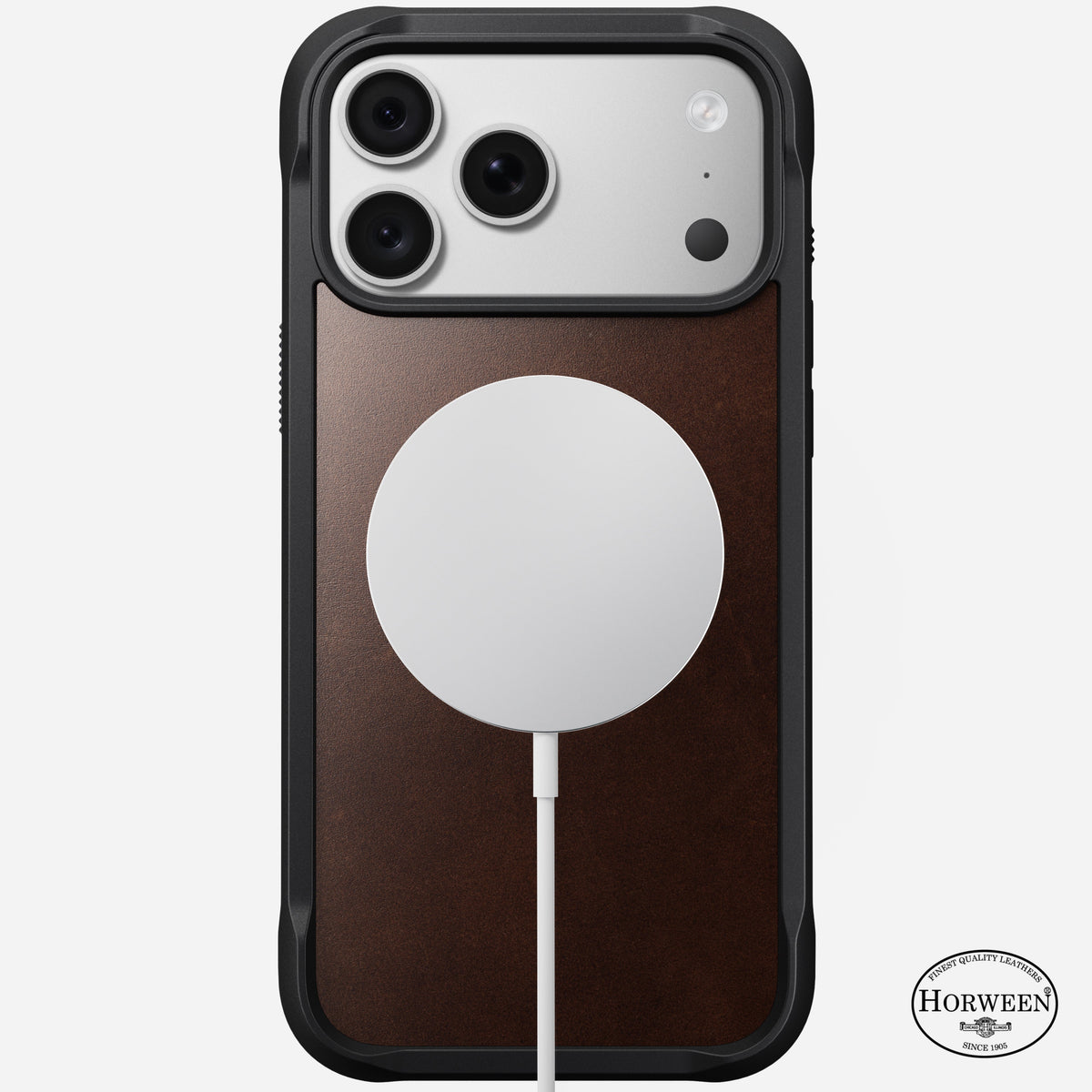 Angled view of the rustic brown Horween Nomad Rugged case on iPhone 18 Pro Max