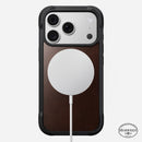 Angled view of the rustic brown Horween Nomad Rugged case on iPhone 18 Pro