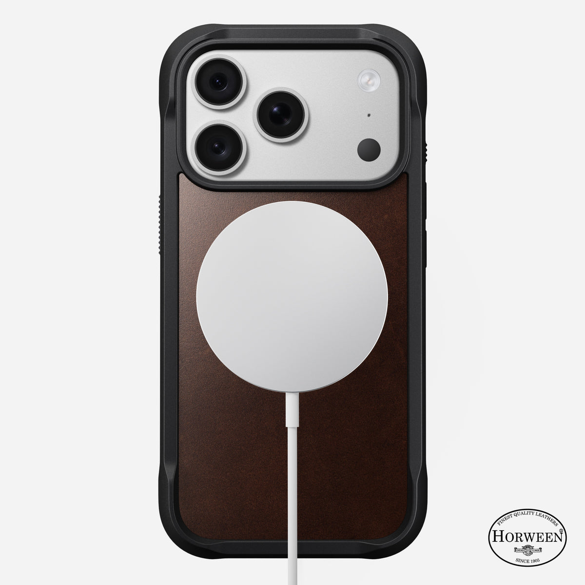 Angled view of the rustic brown Horween Nomad Rugged case on iPhone 18 Pro