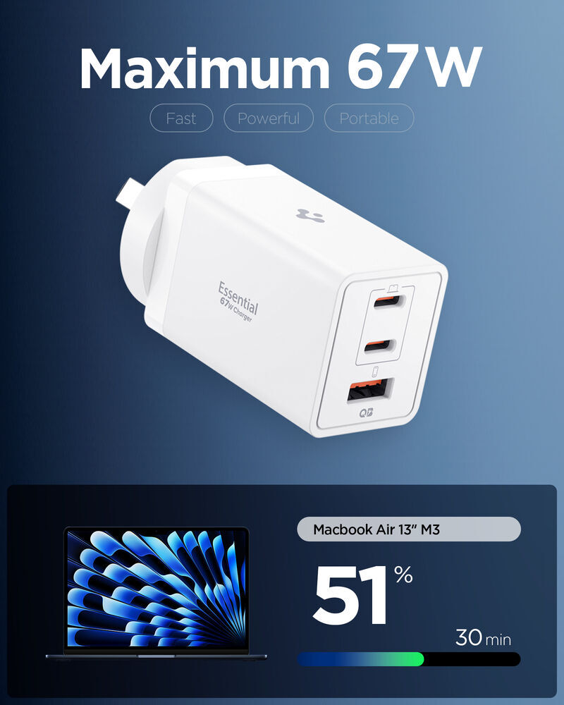 SPIGEN Essential QB USB-C USB-A 67W EE673OC 3 Ports Wall Charger