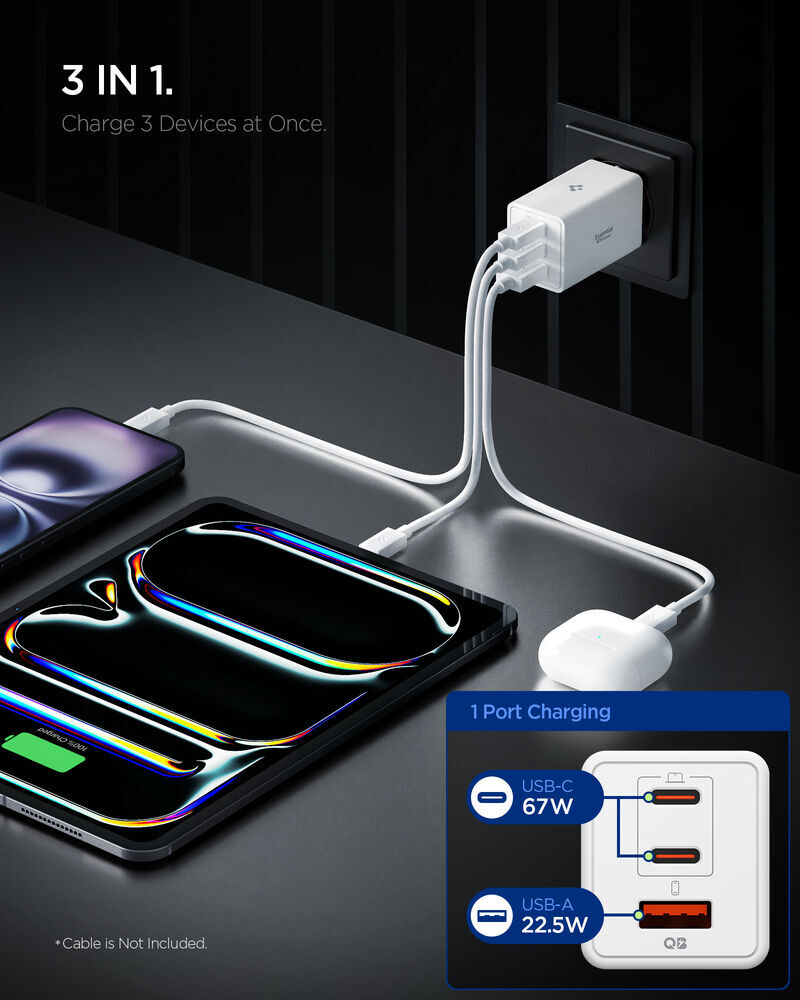Spigen Essential QB 67W charger compact size comparison next to phone