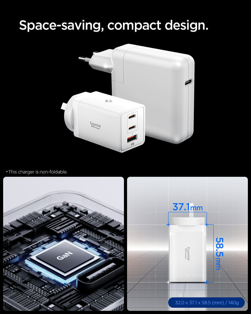 Spigen EE673OC wall charger plugged into power outlet - slim folding prong design