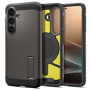 Spigen Tough Armor MagFit Galaxy S26+ case in Gunmetal with built-in kickstand side view