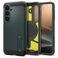 Spigen Tough Armor MagFit Galaxy S26+ case in Abyss Green with kickstand detail