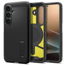 Spigen Tough Armor MagFit Galaxy S26 case in Black with built-in kickstand deployed