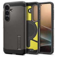 Spigen Tough Armor MagFit case for Samsung Galaxy S26 in Gunmetal with kickstand