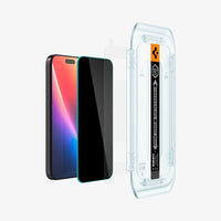 Spigen EZ Fit auto-alignment installation tray placed over iPhone 17 Pro Max for easy, bubble-free application.