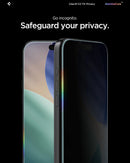 Close up of 9H tempered glass showing case-friendly edges and privacy tint.