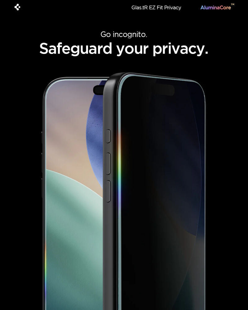 Close up of 9H tempered glass showing case-friendly edges and privacy tint.