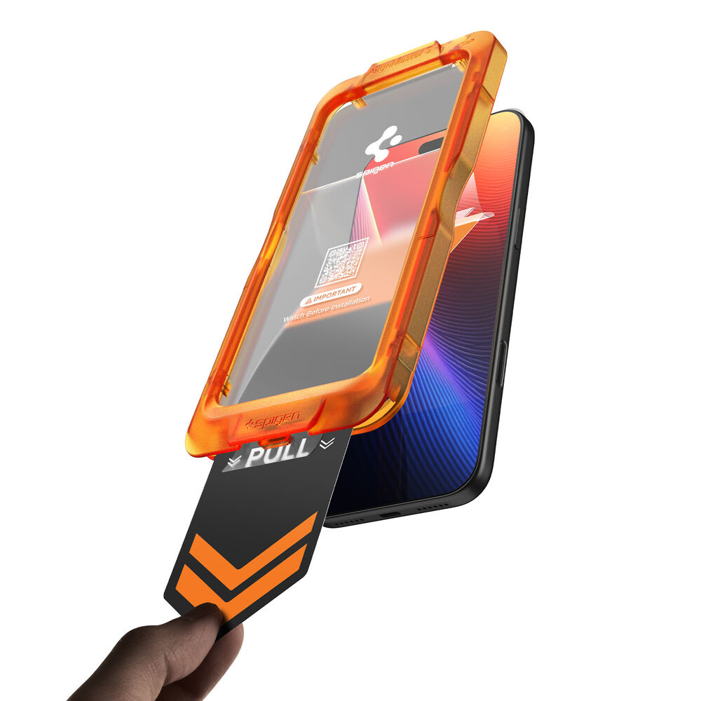 Pull tab installation of Spigen AlignMaster S glass on iPhone 17 Pro and 18 Pro
