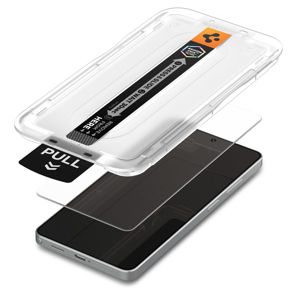 Spigen EZ Fit Pro Anti Reflection tray positioned over Galaxy S26 Ultra with glass protector