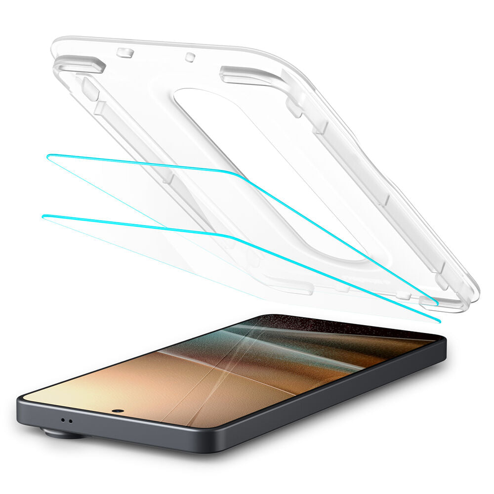 Spigen anti reflection glass protector placement with EZ Fit tray over Galaxy S26 Ultra display