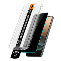 Spigen Galaxy S26+ 9H tempered glass privacy protector oleophobic coating close-up