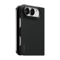CARE by PanzerGlass Discovery aramid fibre case on iPhone Duo, angled back view