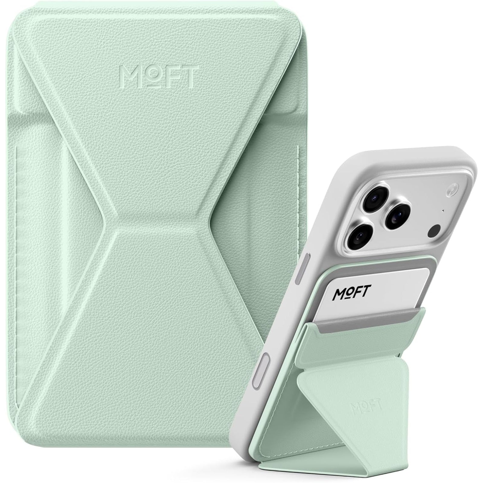 MOFT Snap-On MagSafe phone stand and wallet in Peppermint MOVAS vegan leather
