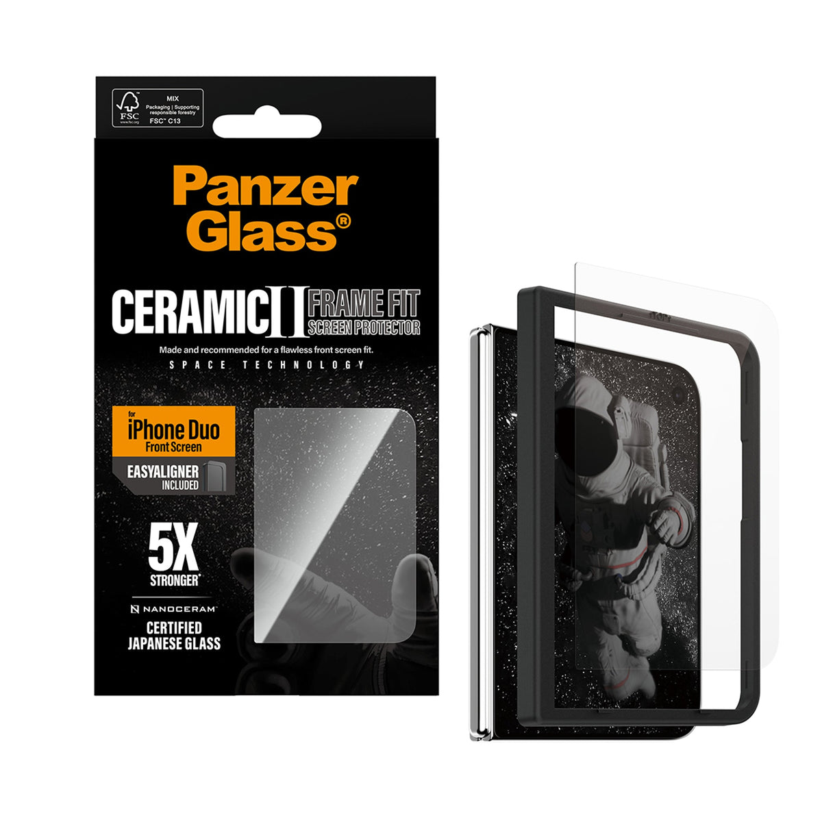 PanzerGlass Ceramic front screen protector for iPhone Duo with EasyAligner and packaging