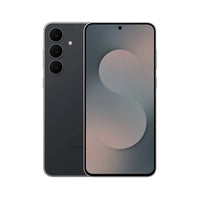 Refurbished Samsung Galaxy S25 FE 256GB in Jet Black — front and back view showing slim profile and triple-camera system