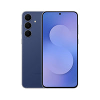 Refurbished Samsung Galaxy S25 FE 256GB in Navy — front and back view showing slim profile and triple-camera system