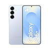 Samsung Galaxy S25 Plus smartphone in light blue color with a display showing the Galaxy logo, triple rear camera setup, and the model name.