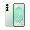 Samsung Galaxy S25 Plus smartphone in green color with a display showing the Galaxy logo, triple rear camera setup, and the model name.