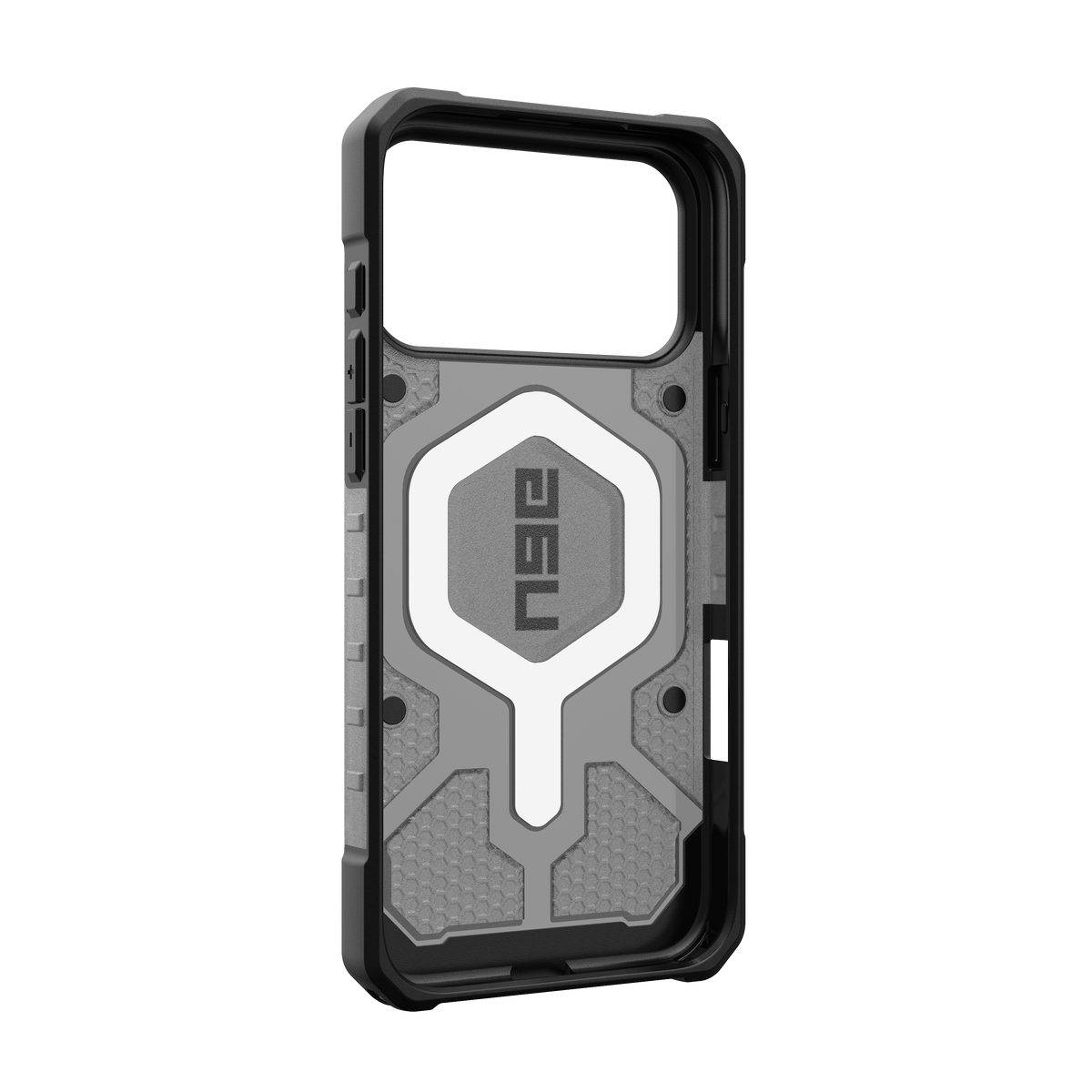 UAG Pathfinder Clear case for iPhone 17 Pro Max and 18 Pro Max in Ash/Black, angled