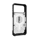 UAG Pathfinder Clear case for iPhone 17 Pro Max and 18 Pro Max in Ice/Silver, angled