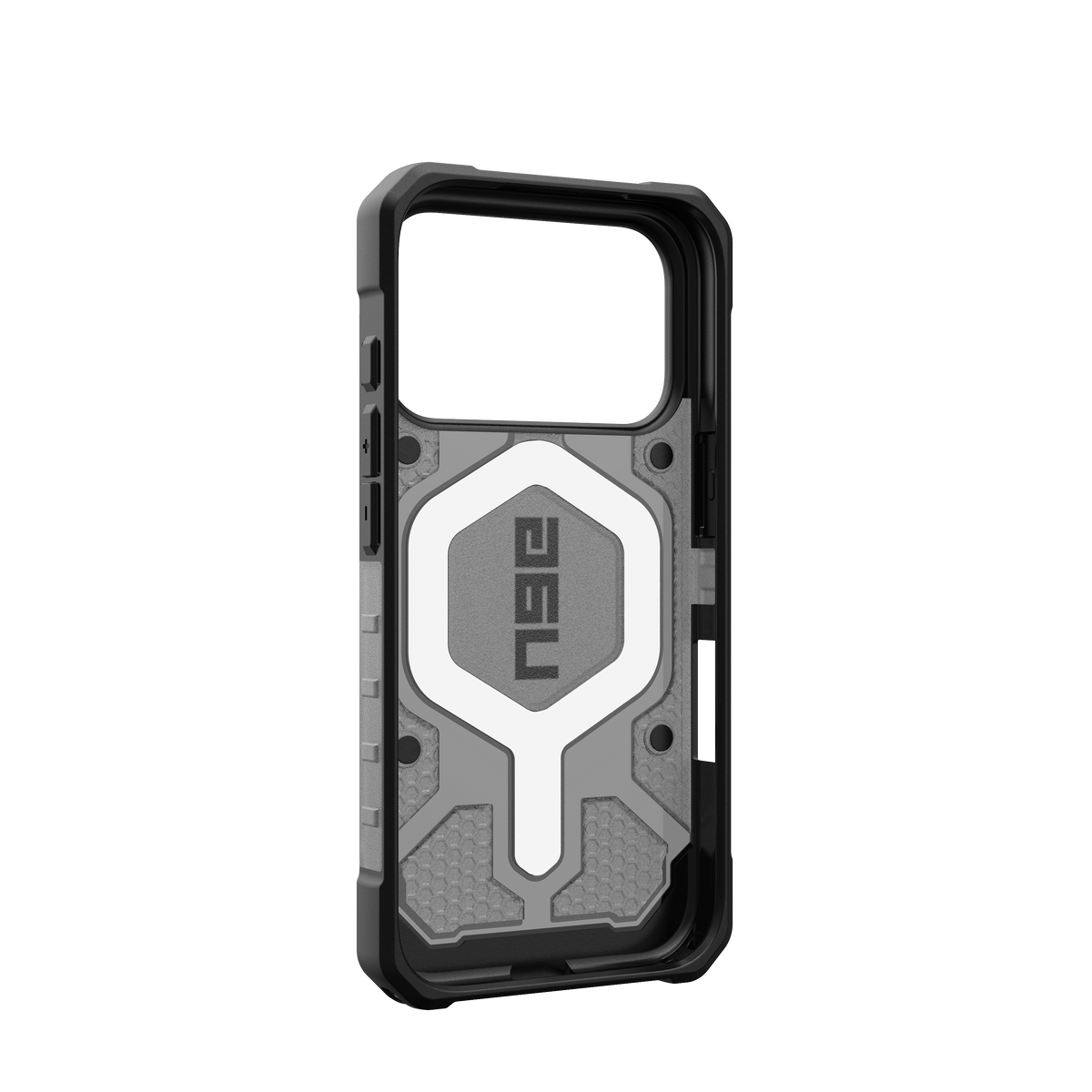 UAG Pathfinder Clear case for iPhone 17 Pro and 18 Pro in Ash/Black, angled